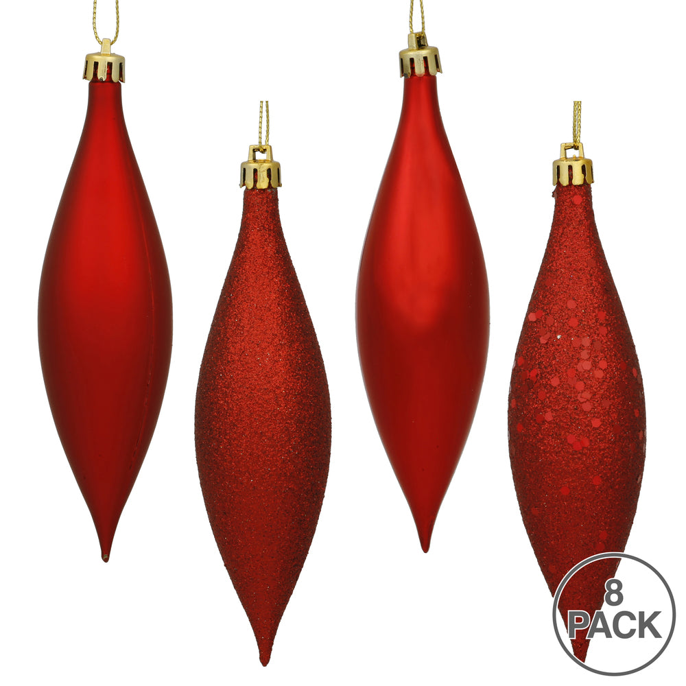 Vickerman 5.5" Red Finial Drop Christmas Ornament Assorted 4 Finish 8 per Pack