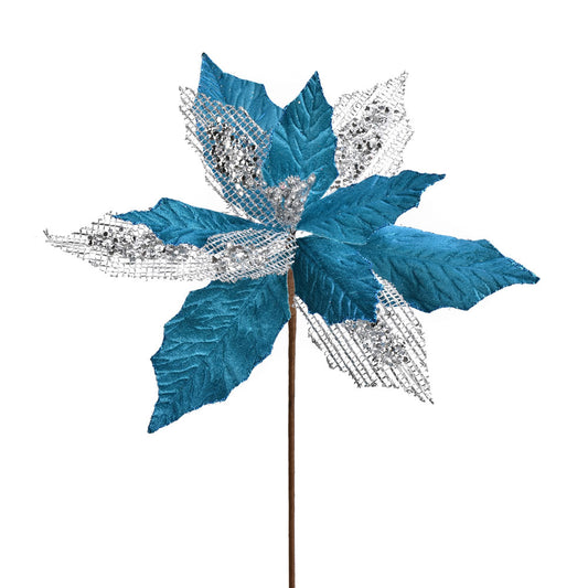 Vickerman 13" x 23" Turquoise Poinsettia Mesh Glitter Artificial Christmas Spray. Includes 6 sprays per pack.