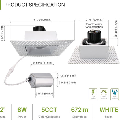 ASD Lighting LED Trimless Downlight Gimbal Square 2inch 8W 120V Triac 2700/3000/3500/4000/5000K White ETL