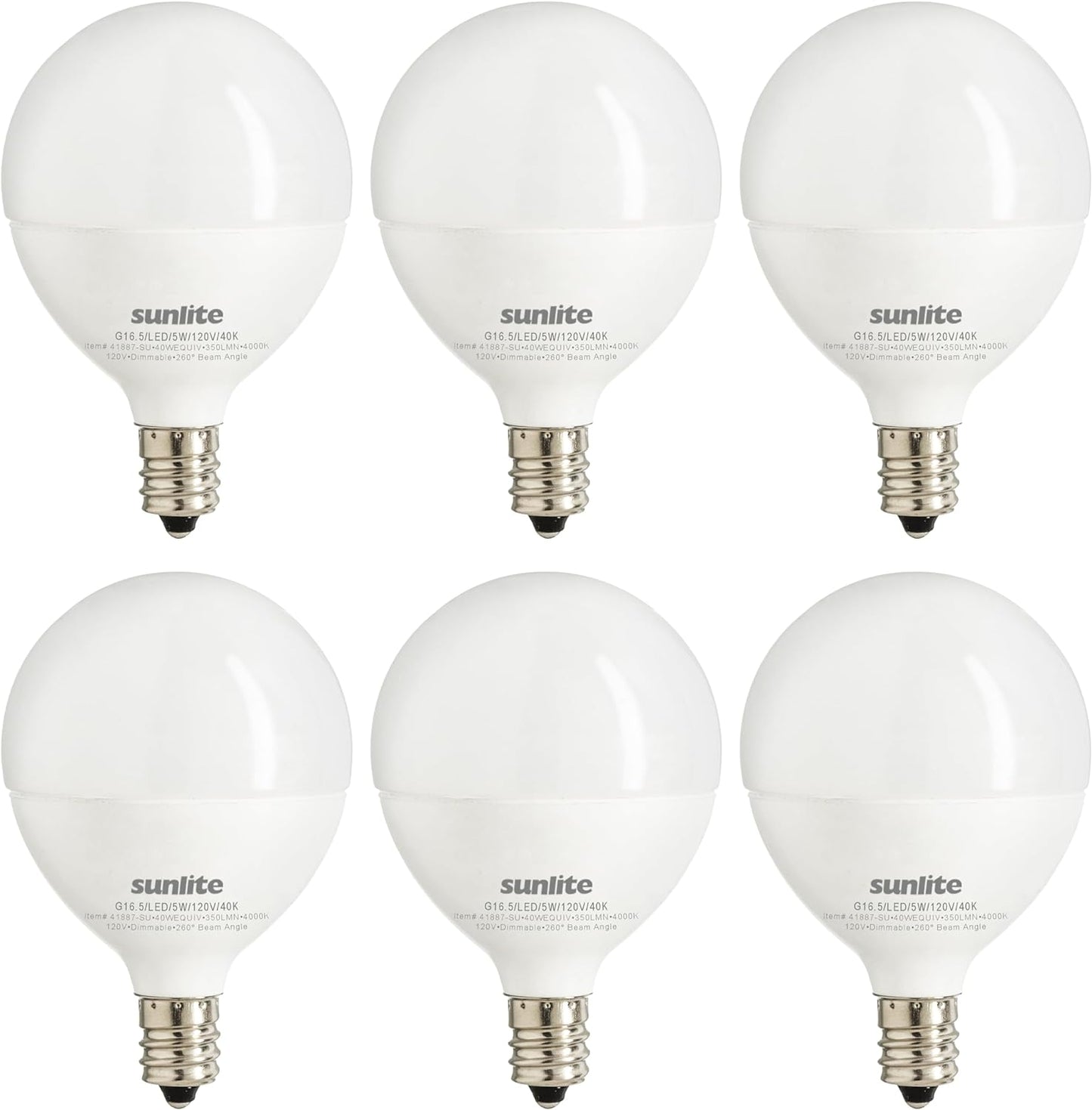 Sunlite LED G16.5 Frosted Globe Light Bulb, 5 Watts (40W Equivalent), 350 lumens, Dimmable, Candelabra Base (E12), 120 Volts, ETL Listed, 260 Degree Beam Angle, 4000K Cool White, 6 Pack