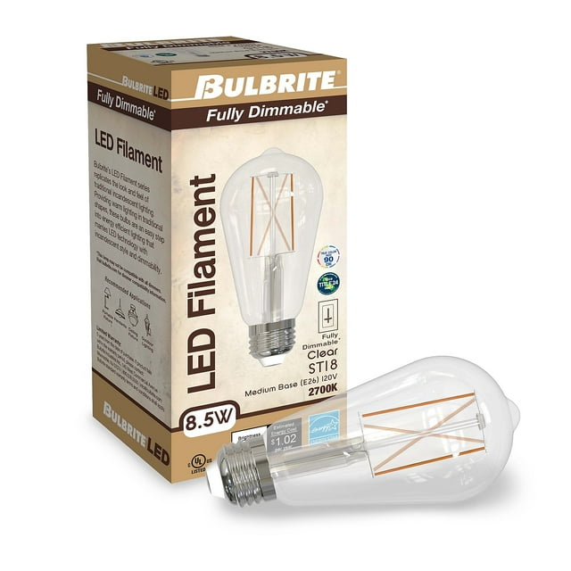 Bulbrite Pack of (2) 8.5 Watt Dimmable Clear ST18 LED Light Bulbs with Medium (E26) Base, 2700K Warm White Light, 850 Lumens