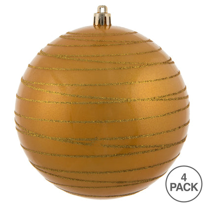 Vickerman 4.75" Honey Gold Candy Finish Ball Ornament with Glitter Lines 4 per Bag