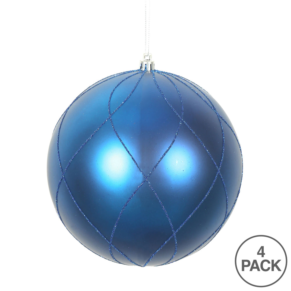 Vickerman 4" Blue Matte and Glitter Swirl Ball Ornament with drilled and wired caps. Comes 4/box.