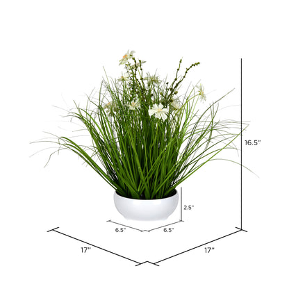 Vickerman 16.5" Artificial Potted Cream Cosmos and Green Grass.