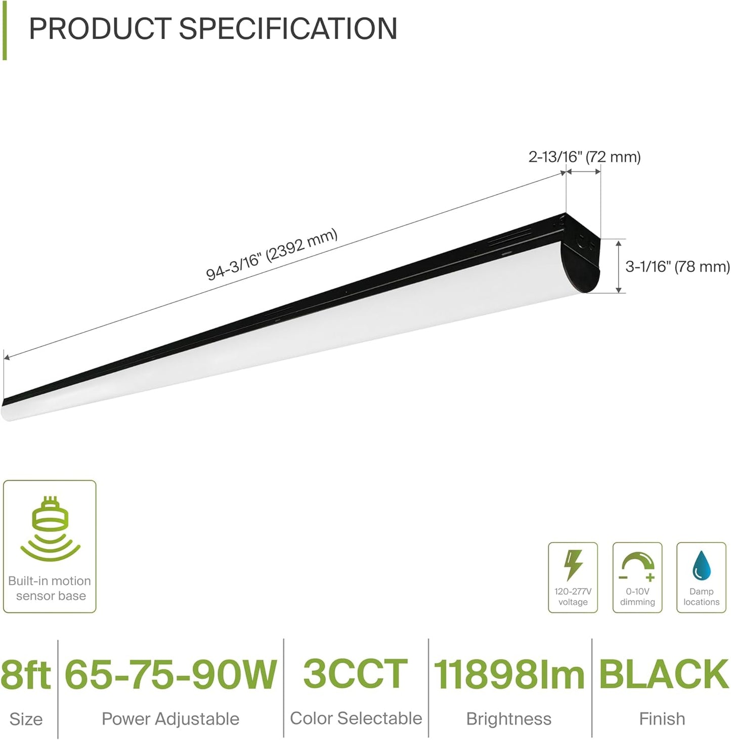 ASD Lighting LED Striplight Fixture with Q-base 8feet Power Adjustable 65/75/90W 120-277V CCT Selectable 3500/4000/5000K Dimmable Black UL DLC Standard