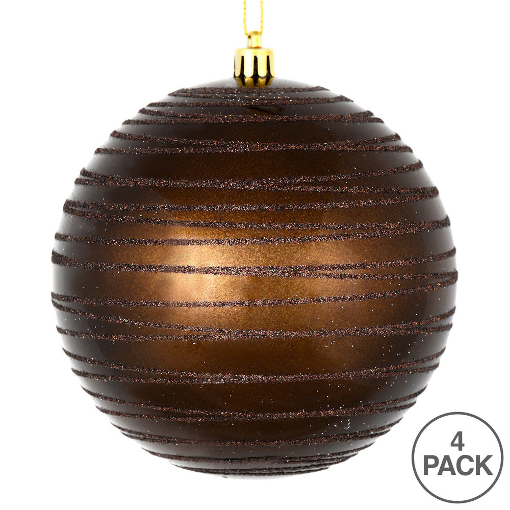 Vickerman 4.75" Chocolate Candy Finish Ball Ornament with Glitter Lines 4 per Bag