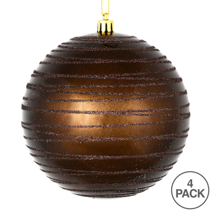 Vickerman 4.75" Chocolate Candy Finish Ball Ornament with Glitter Lines 4 per Bag