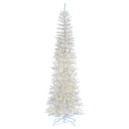 Vickerman 6.5' x 28" White Pencil Artificial Pre-Lit Christmas Tree with 400 Dura-Lit® Warm White LED Mini Lights. It measures 78 inches tall, and 28 inches wide, which is considered a pencil profile. This tree boasts 712 tips for a realistic look. Pre-li
