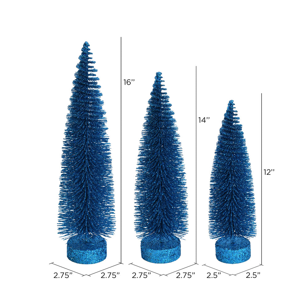 Vickerman 12"-14"-16" Turquoise Glitter Oval Pine Artificial Christmas Tree Set of 3