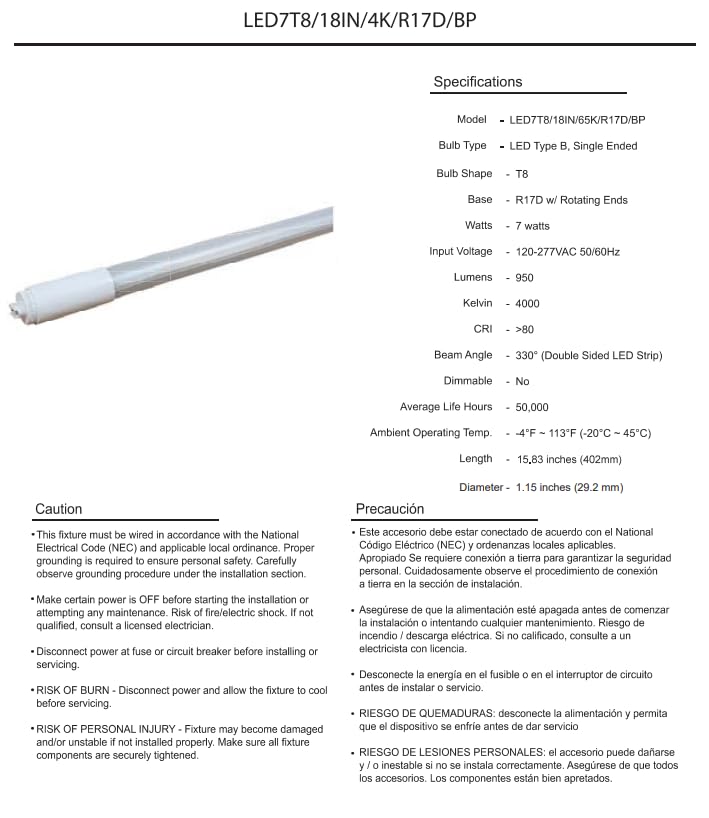 Damar- 1.5Ft T8 LED Tube Light Bulb Type B Ballast Bypass Single End 7W 950 Lumens 4000K Cool White R17D Base with Rotating Ends 120-277VAC Pack of 10- Fluorescent Replacement for Garage Workshop