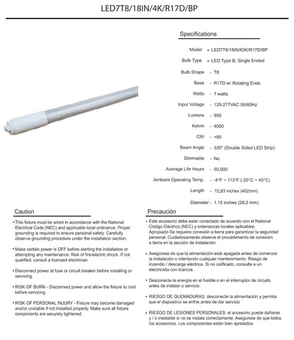 Damar- 1.5Ft T8 LED Tube Light Bulb Type B Ballast Bypass Single End 7W 950 Lumens 4000K Cool White R17D Base with Rotating Ends 120-277VAC Pack of 10- Fluorescent Replacement for Garage Workshop