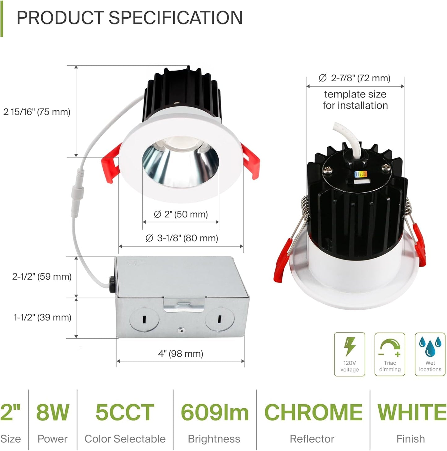 ASD Lighting LED Downlight 1INCH Changeable Round 8W CCT Selectable 2700/3000/3500/4000/5000K Dimmable, Chrome Smooth reflector, White trim, ETL Energy Star