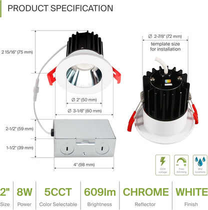 ASD Lighting LED Downlight 1INCH Changeable Round 8W CCT Selectable 2700/3000/3500/4000/5000K Dimmable, Chrome Smooth reflector, White trim, ETL Energy Star