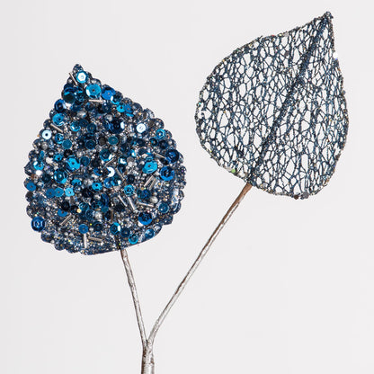 Vickerman 20" Blue Mesh Mulberry Leaf Artificial Christmas Spray. Includes 3 sprays per pack.