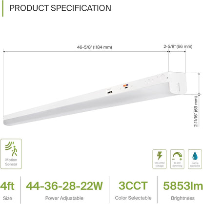 ASD Lighting LED Stairwell Fixture 4ft 22/28/36/44W 120-277V 0-10V Dimmable 140Lm/W 3500/4000/5000K with Battery Back-up 12W with Motion Sensor White UL DLC Standard
