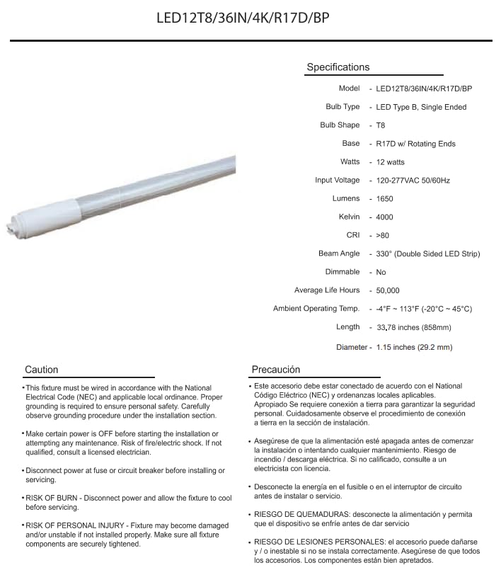 Damar- 3Ft T8 LED Tube Light Bulb Type B Ballast Bypass Single End 12W 1650 Lumens 4000K Cool White R17D Base with Rotating Ends 120-277VAC Pack of 10- Fluorescent Replacement for Garage Workshop