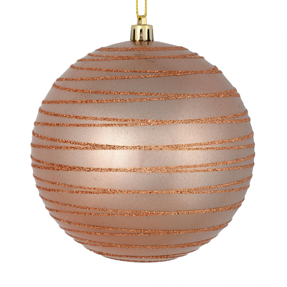 Vickerman 4.75" Rose Gold Candy Finish Ball Ornament with Glitter Lines 4 per Bag