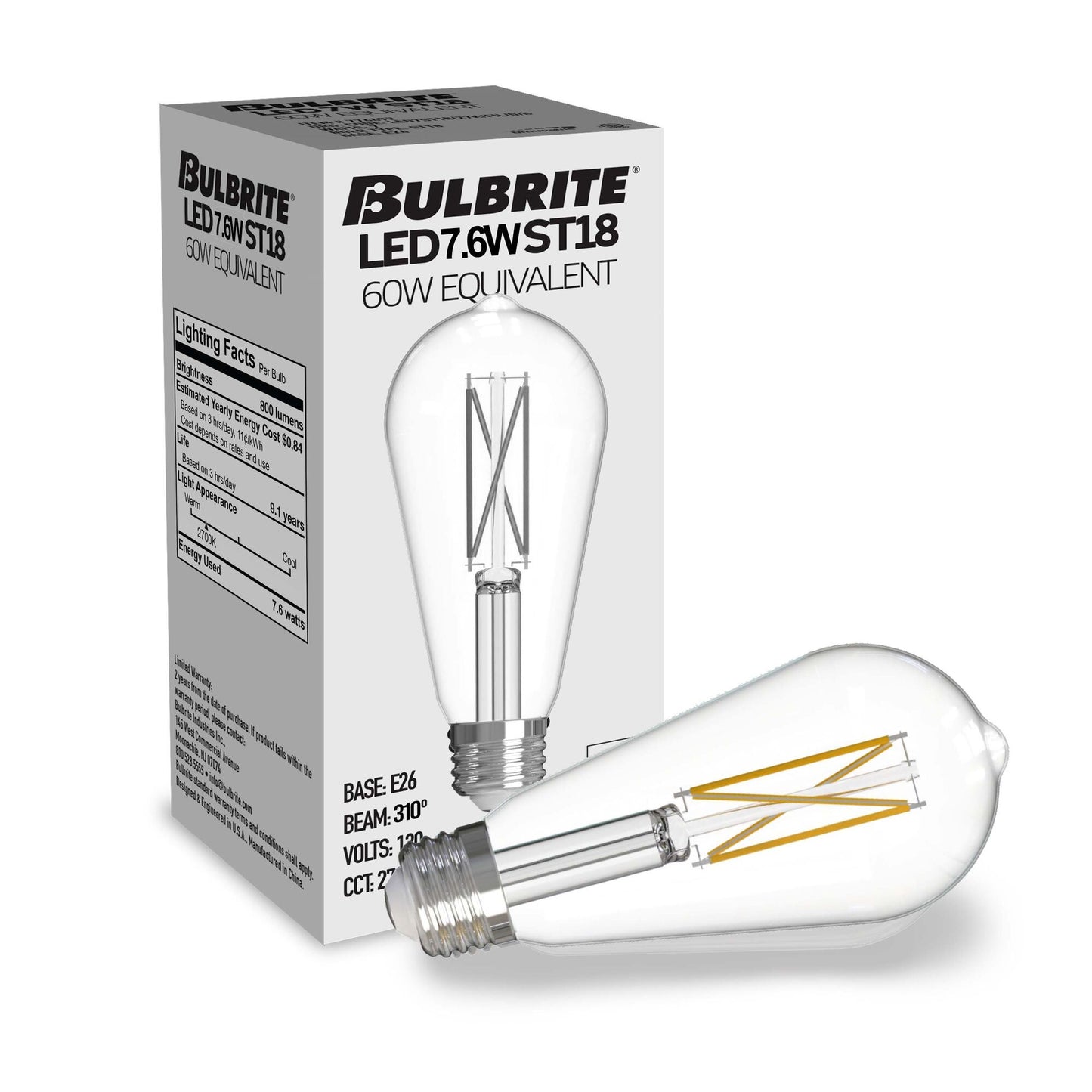 Bulbrite 776223 7W LED ST18 2700K FILAMENT E26 DIM