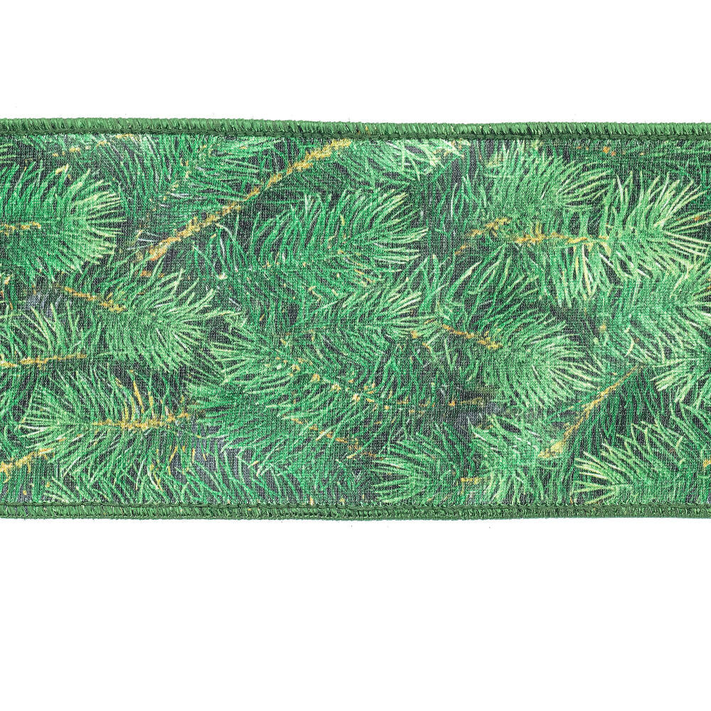 Vickerman 4" x 10 Yards Green Pine Print Wired Edge Christmas Ribbon.