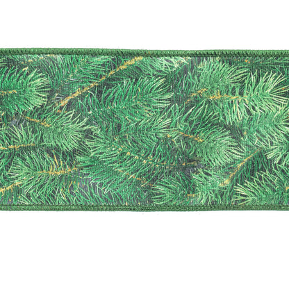 Vickerman 4" x 10 Yards Green Pine Print Wired Edge Christmas Ribbon.