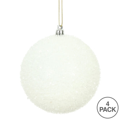 Vickerman 4" White Tinsel Ball Ornament 4 per Bag