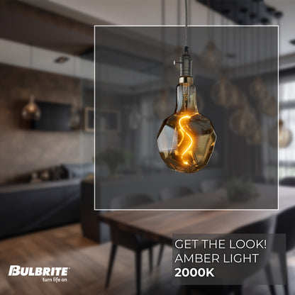 Bulbrite LED Grand Bulb and Pendant Kit of (1) 4 Watt Antique Glass 12" Jewel Shaped Bulb and (1) Gunmetal Black Open Socket Pendant on Silver Fabric Braided Cord - 2000K (Amber Light)