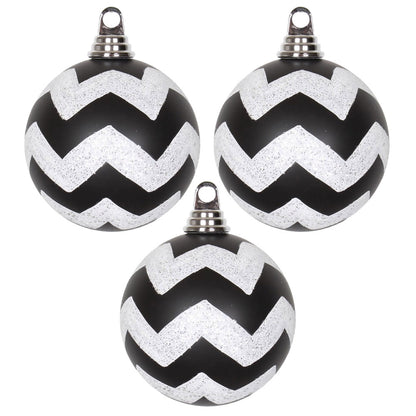 Vickerman 4.75" Black and White Matte Chevron Ball Christmas Ornament with Glitter Accents