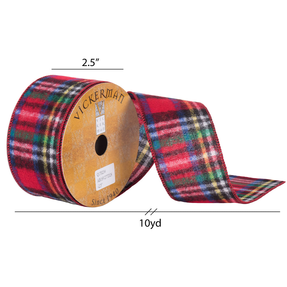 Vickerman 2.5" x 10 Yards Red Blue Green Flannel Plaid Wired Edge Christmas Ribbon