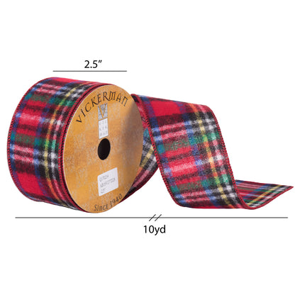Vickerman 2.5" x 10 Yards Red Blue Green Flannel Plaid Wired Edge Christmas Ribbon