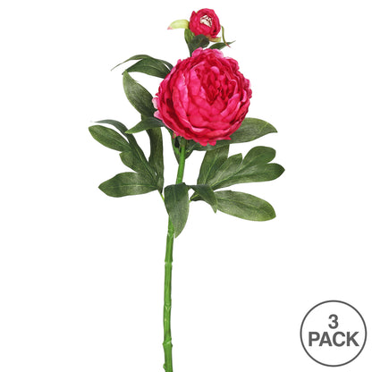 Vickerman 24" Artificial Hot Pink Peony Stem Set of 3