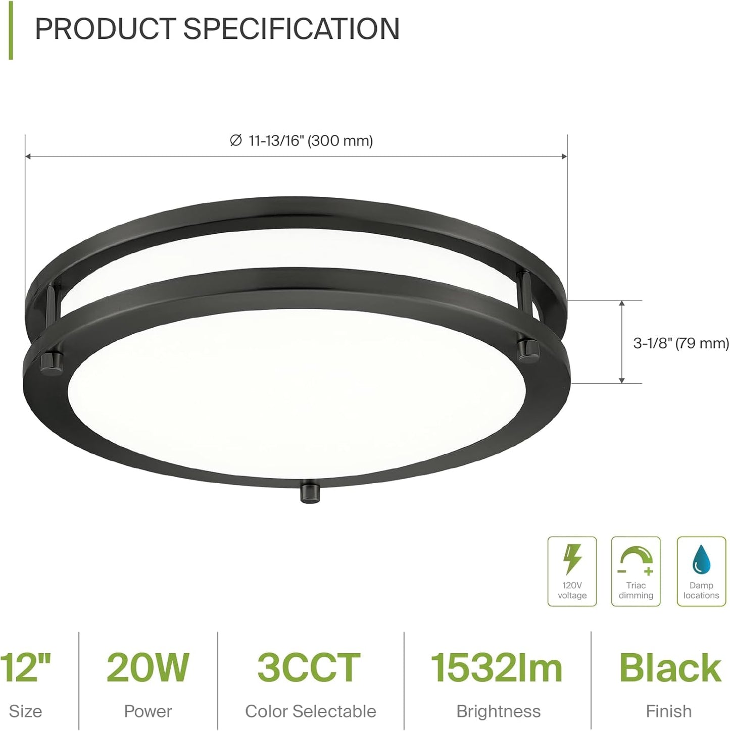 ASD LED Double Ring Flushmount 12" 20W 120V CCT Selectable 3000/4000/5000K Dimmable Black ETL Energy Star