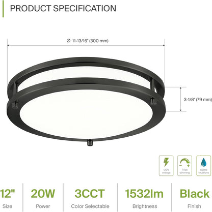 ASD LED Double Ring Flushmount 12" 20W 120V CCT Selectable 3000/4000/5000K Dimmable Black ETL Energy Star