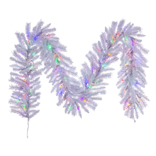 Vickerman 9' x 14" Flocked White Garland Dura-Lit® Multi-Colored LED Mini Lights.