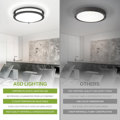 ASD LED Double Ring Flushmount 12" 20W 120V CCT Selectable 3000/4000/5000K Dimmable Black ETL Energy Star