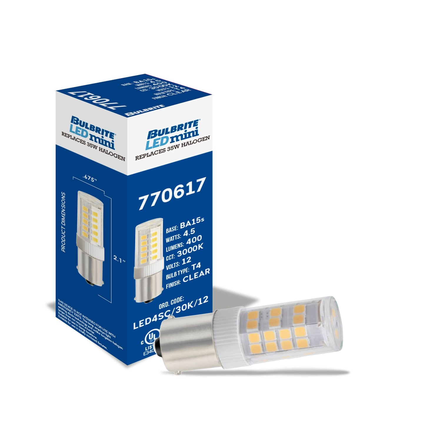 BULBRITE LED T4 SINGLE-CONTACT BAYONET (BA15s) 4.5W DIMMABLE LIGHT BULB 3000K/SOFT WHITE 35W INCANDESCENT EQUIVALENT 2PK (770617)
