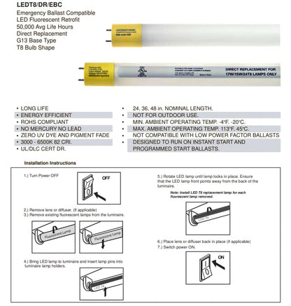 Damar- 4Ft T8 LED Fluorescent Retrofit Tube Light Bulb Direct Replacement Emergency Ballast Compatible 12W 1800 Lumen 3000K Soft White G13 Bi-Pin Base 220? Beam Angle 120-277V Pack of 10-for Garage