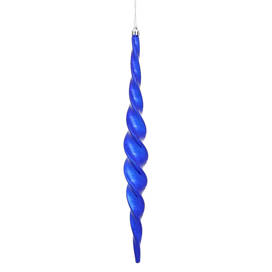 Vickerman 14.6" Cobalt Blue Shiny Spiral Icicle Ornament with drilled and wired caps. Comes 2 per Box.