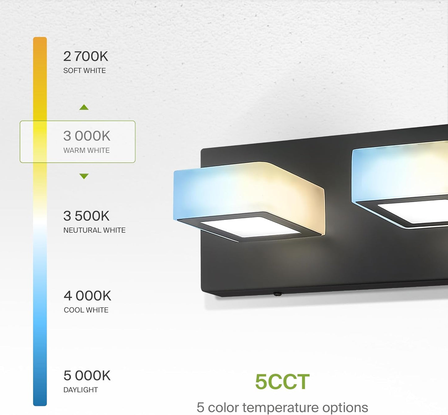 ASD Lighting LED Vanity 3-light 15W 120V with rotatable heads CCT Selectable 2700/3000/4000/5000/6000K Dimmable Black ETL