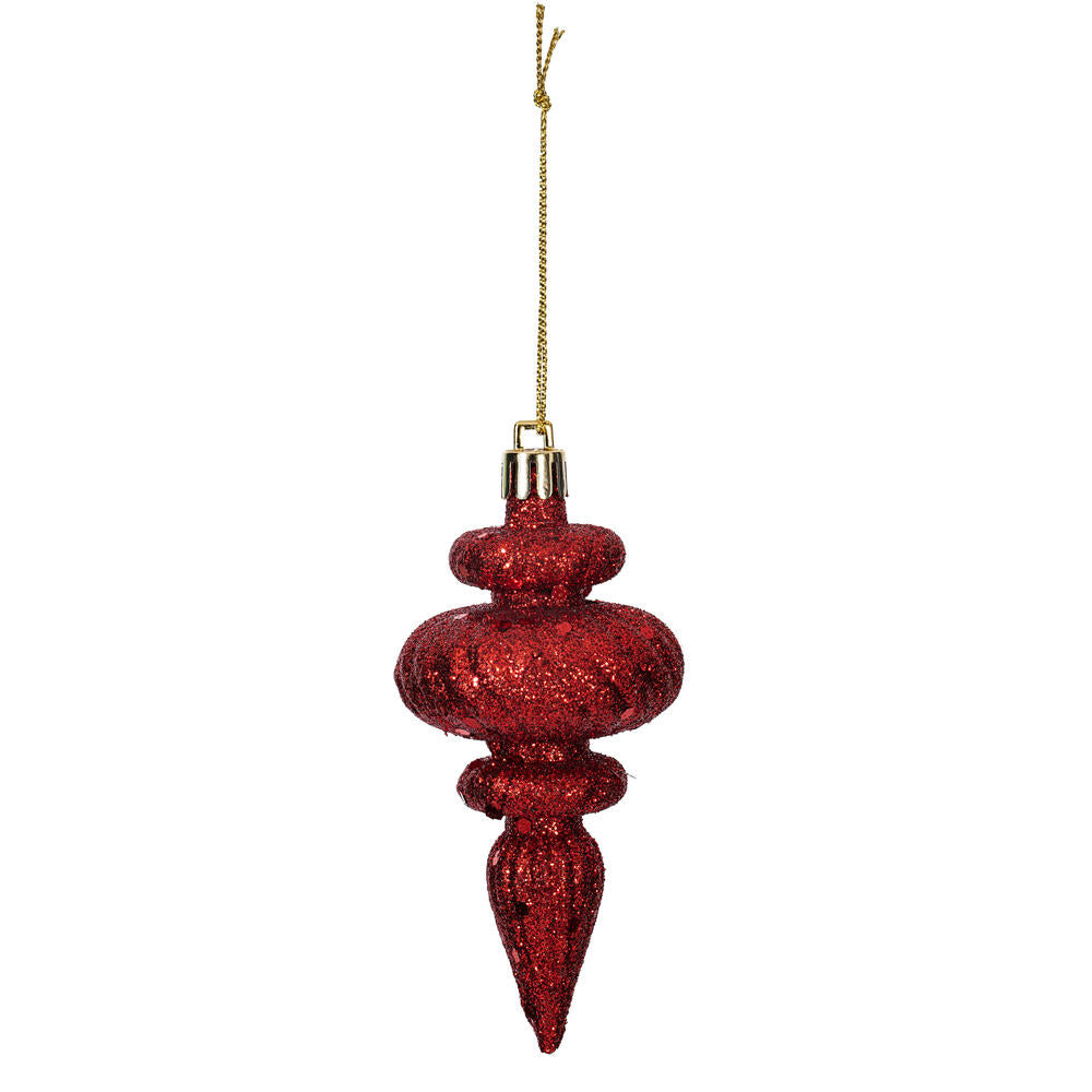 Vickerman 4" Red 4-Finish Finial Ornament 8 per Box. Made of shatterproof plastic.