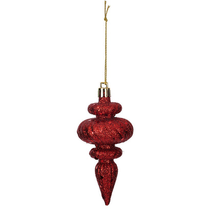 Vickerman 4" Red 4-Finish Finial Ornament 8 per Box. Made of shatterproof plastic.