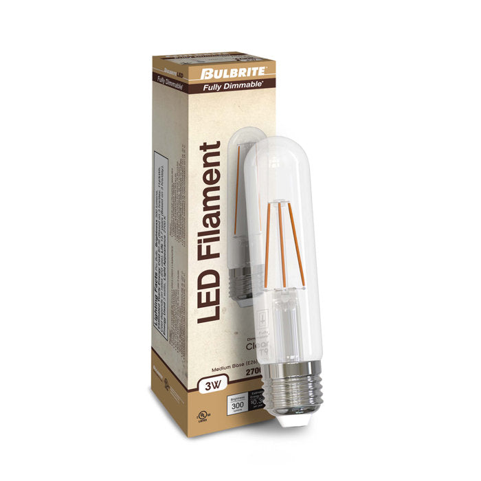 Bulbrite 3 Watt Dimmable Clear Glass T9 LED Light Bulbs with Medium (E26) Screw Base, 2700K (Warm White Light), 300 Lumens