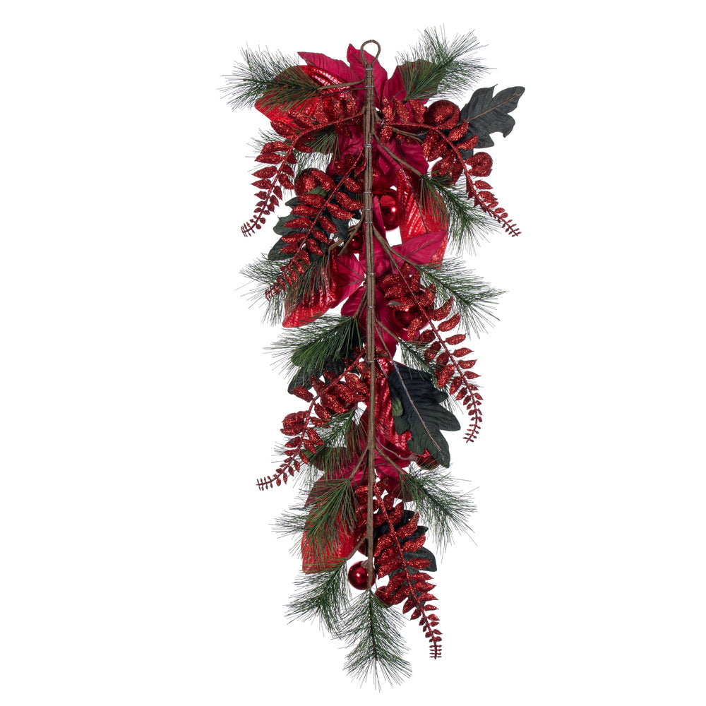 Vickerman 32" Merry Red Poinsettia Ball and Fern Decorated Teardrop.