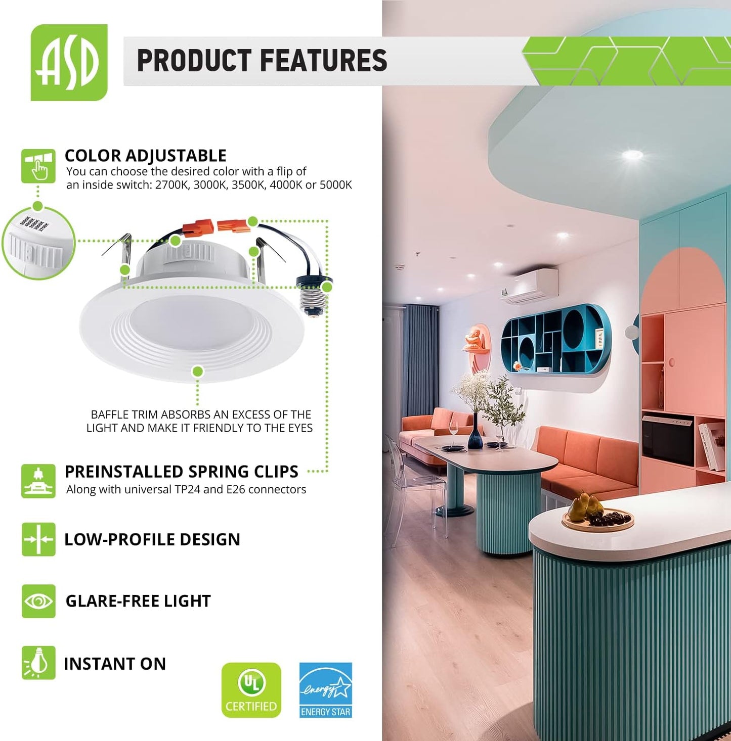 ASD Lighting LED Round Downlight Retrofit Kit 4" 8.6W 120V CCT Selectable 2700/3000/3500/4000/5000K Dimmable PC, Baffle Trim, White UL 12pack