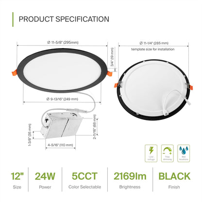 ASD Lighting LED Recessed Mini Panel Round 12inch 24W 120V Triac 2700/3000/3500/4000/5000K Black UL