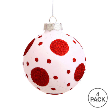 Vickerman 3" White Matte Ball Ornament with Red Glitter Polka Dots 4 per Box