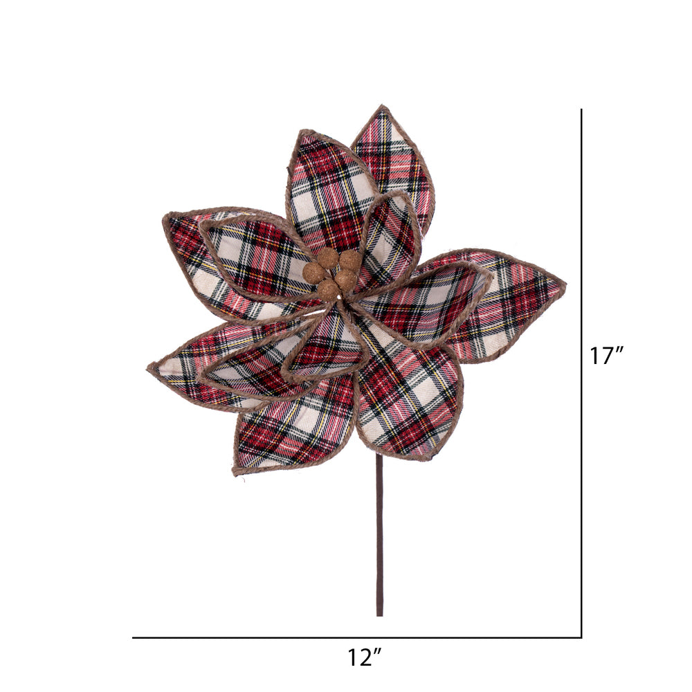 Vickerman 17" Artificial Red and White Plaid Poinsettia Christmas Stem 4 per bag