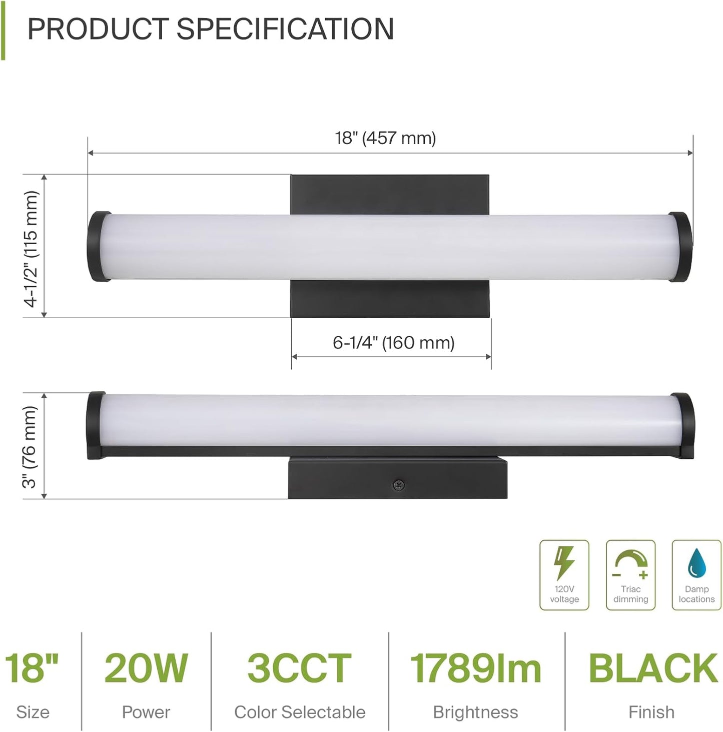ASD Lighting LED Vanity linear 18inch 20W 120V Triac 3000/4000/5000K Black ETL