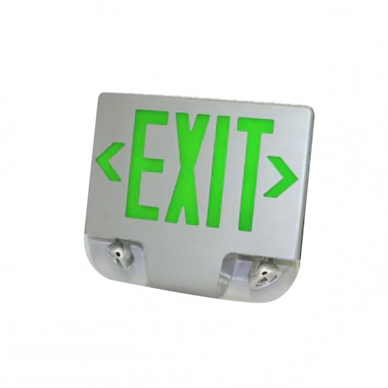 Westgate Die Cast LED Exit Sign & Adjustable LED Head Emergency Combo, SGL/DBL Face Univ. Canopy, Green Letters, Aluminum Panel, LED Exit & Emergency Lighting, 3W Per Head