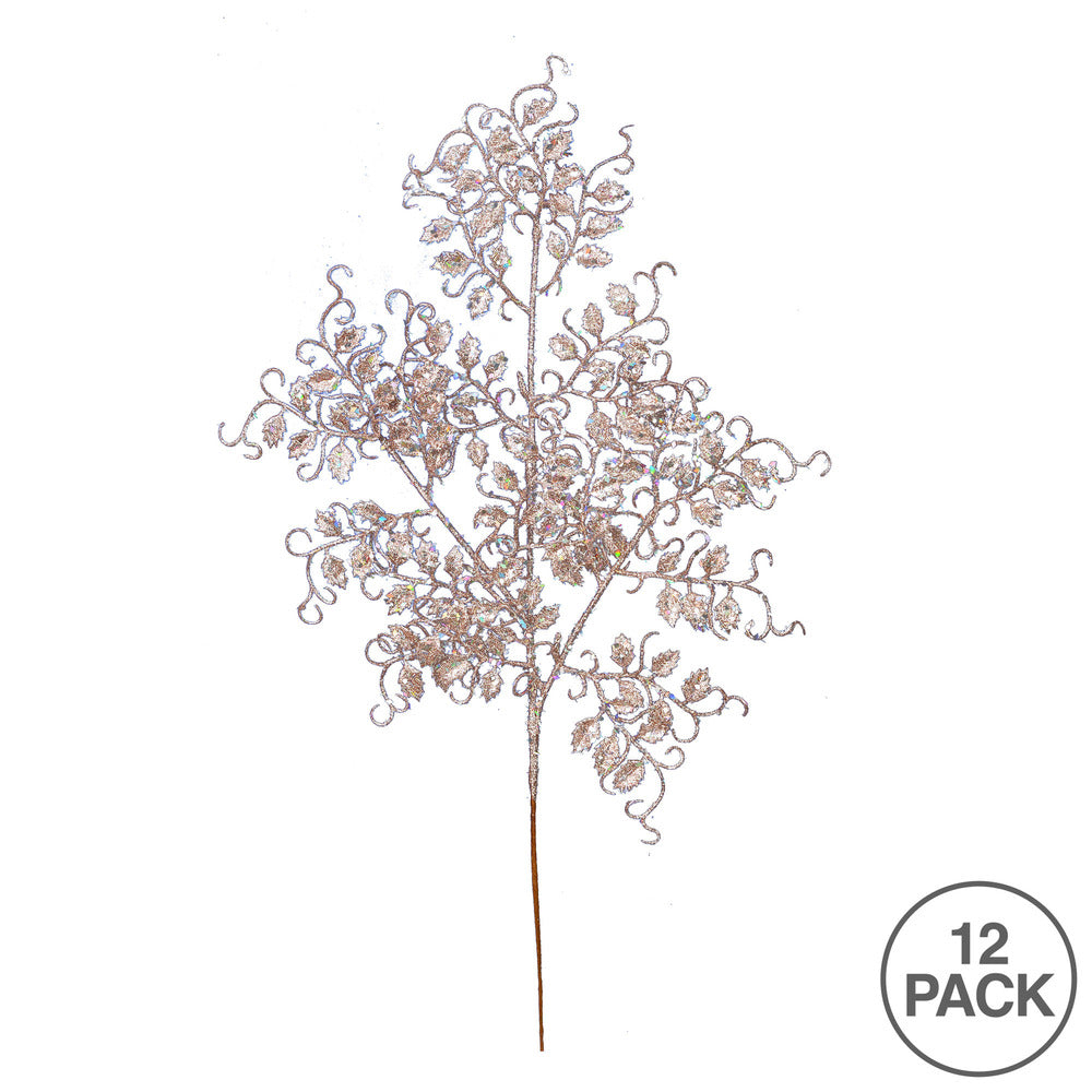 Vickerman 22" Rose Gold Glitter Mini Ruscus Leaf Artificial Christmas Spray. Includes 12 sprays per pack.