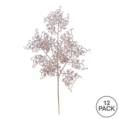 Vickerman 22" Rose Gold Glitter Mini Ruscus Leaf Artificial Christmas Spray. Includes 12 sprays per pack.